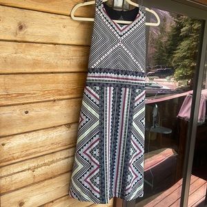 Geometric Print Sleeveless A-Line Dress in Black & White with Pink Accents